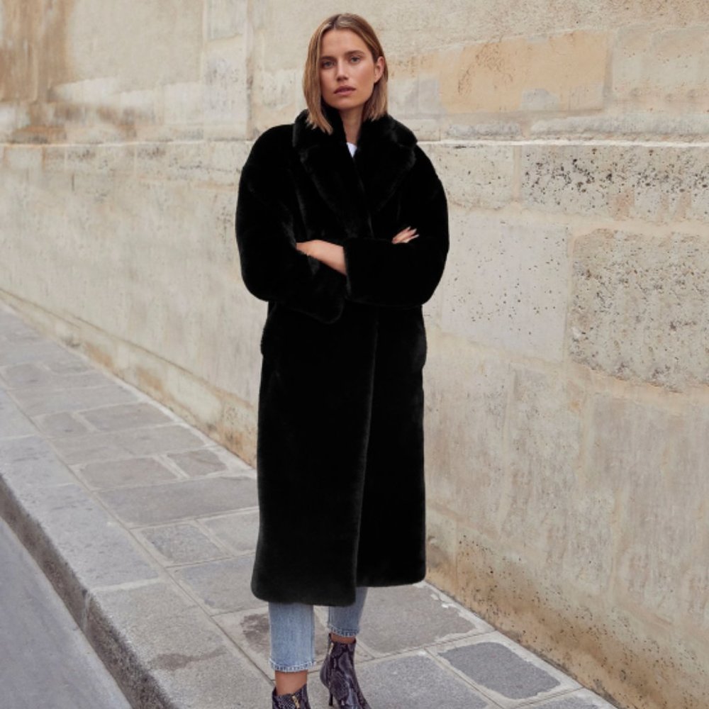 Anine Bing Sasha Faux Fur Black Coat XS $599.00